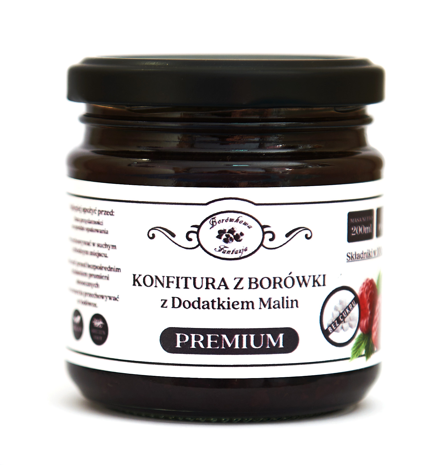 KONFITURA Z BORÓWKI Z MALINĄ PREMIUM 200 ml – BEZ DODATKU CUKRU